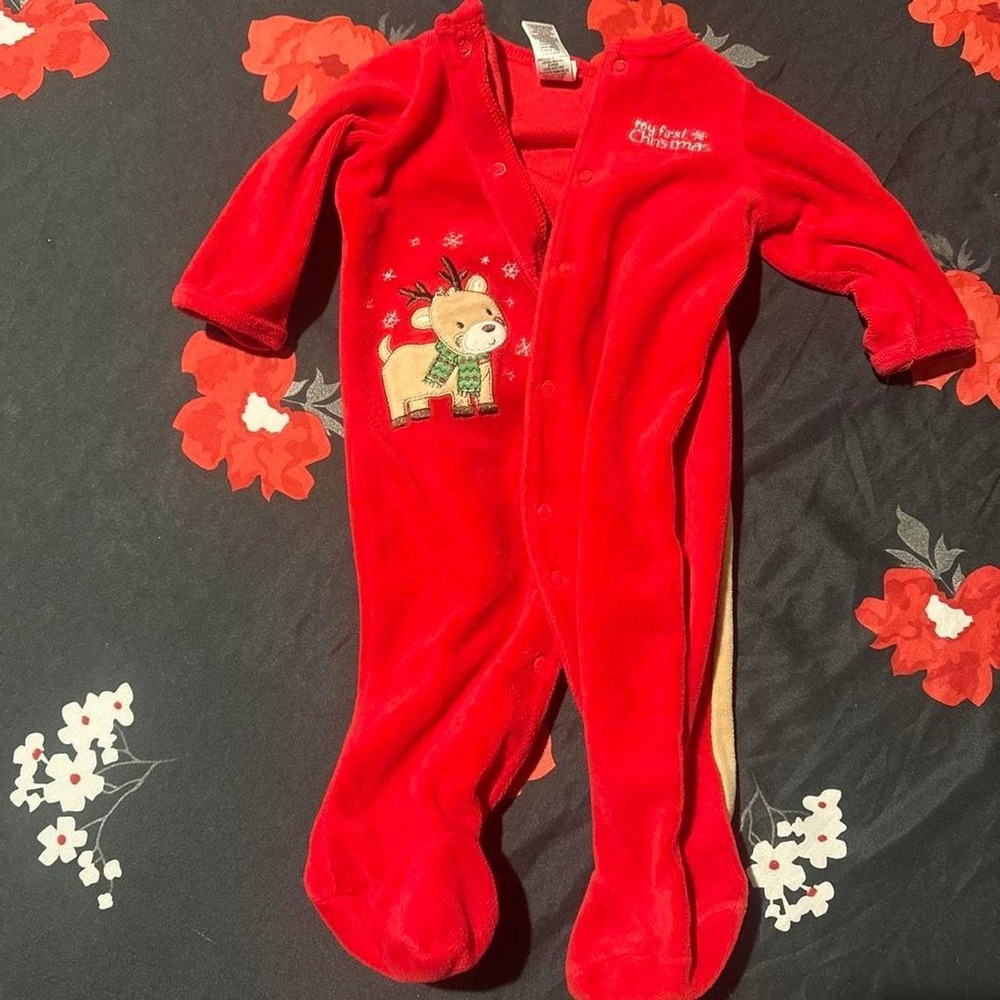 Little Me Baby My First Christmas Reindeer Fleece Footed Sleeper Red 6M
